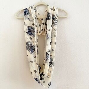 Laurel Burch‎ Cat Print Infinity Scarf 100% Rayon Cream Blue Black Circles 2015